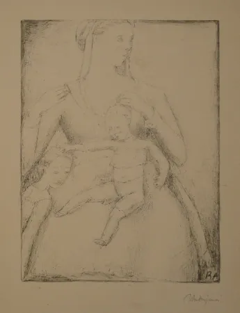 Lithografie Auberjonois - Mutter mit Kindern / Femme et deux enfants