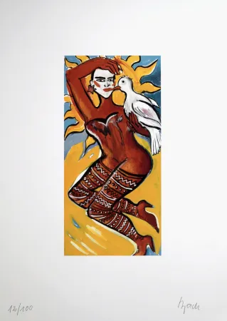 Lithografie Bach - Femme à l'oiseau, 1995 - Hand-signed!