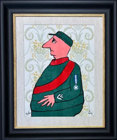 Gravure Baj - Enrico Baj (1924–2003) – Caporal – Color etching and collage on brocade – 1972