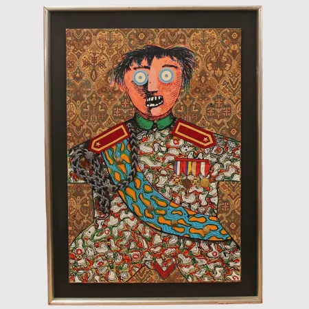 Geen Techniek Baj - Enrico Baj ( 1924 – 2003 ) – Le stratége militaire Sahuguet d'Amarzit d'Espagnac – Mixed media with passamentrie and collage on brocade with originals medals and pins - 1971