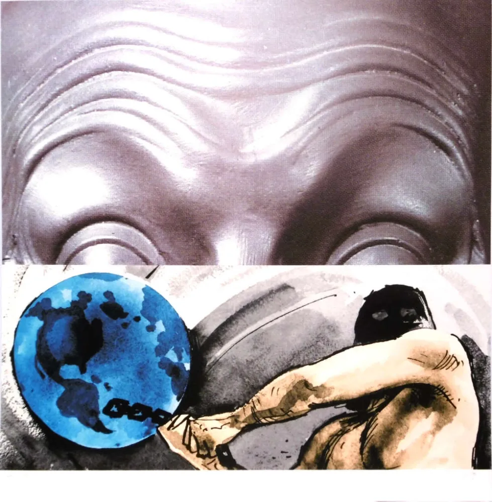 Zeefdruk Baldessari - Eyebrows furrowed foreheads figure with globe