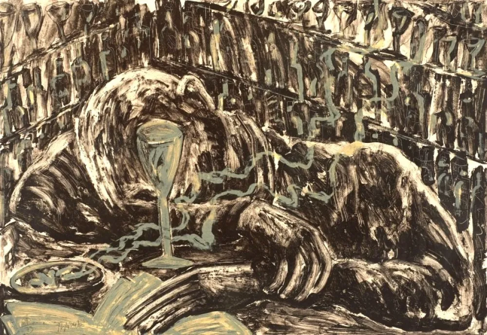 Lithografie Barcelo - Jeune homme ivre dans un bar.