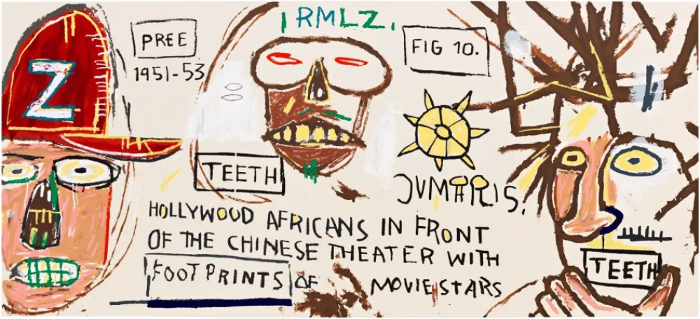 Zeefdruk Basquiat - HOLLYWOOD AFRICANS IN FRONT OF THE CHINESE THEATER WITH FOOTPRINTS OF MOVIE STARS