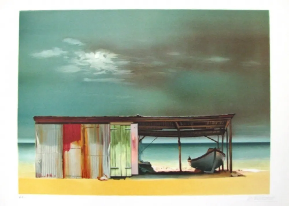 Lithografie Battut - Baraque sur la plage