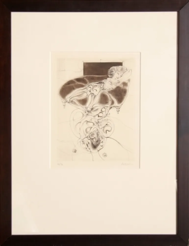 Gravure Bellmer - La petite fille sur canape noir