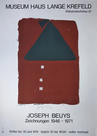 Zeefdruk Beuys - „Museum Haus Lange Krefeld. Wilhelmshofallee 91. Joseph Beuys. Zeichnungen 1946-1971. 19. Mai bis 30. Juni 1974 · täglich 10 bis 18 Uhr · ausser montags“.