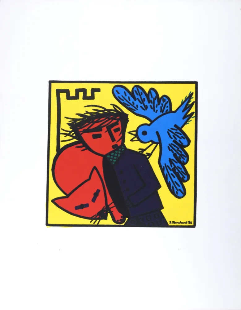 Lithografie Blanchard - Oiseau, personnage et chat