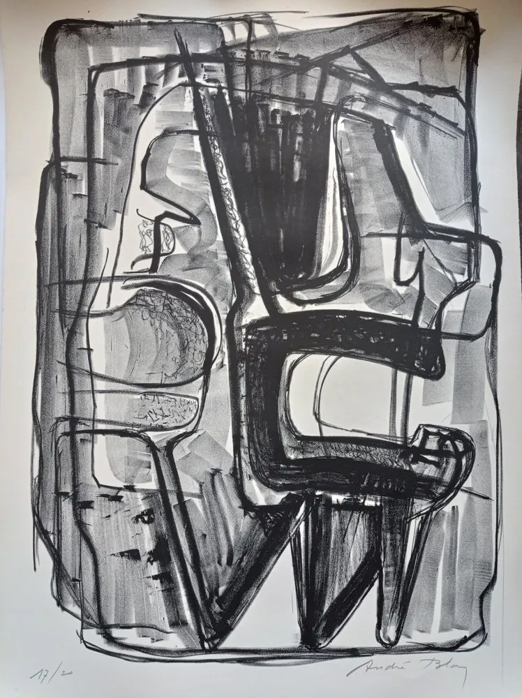 Lithografie Bloc - Abstract Composition, Large Handsigned Lithograoh, 70-80's