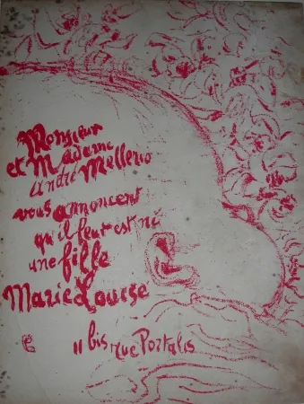 Lithografie Bonnard -  Billet de naissance de Marie Louise Mellerio