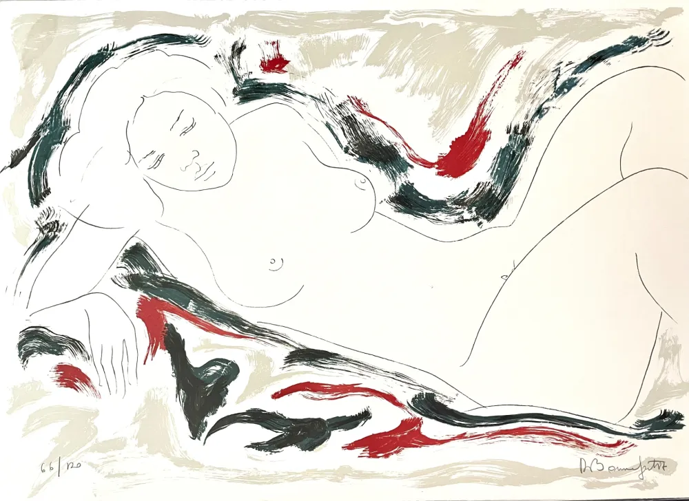 Lithografie Bonnefoit - Nu allongé sur fond noir et rouge
