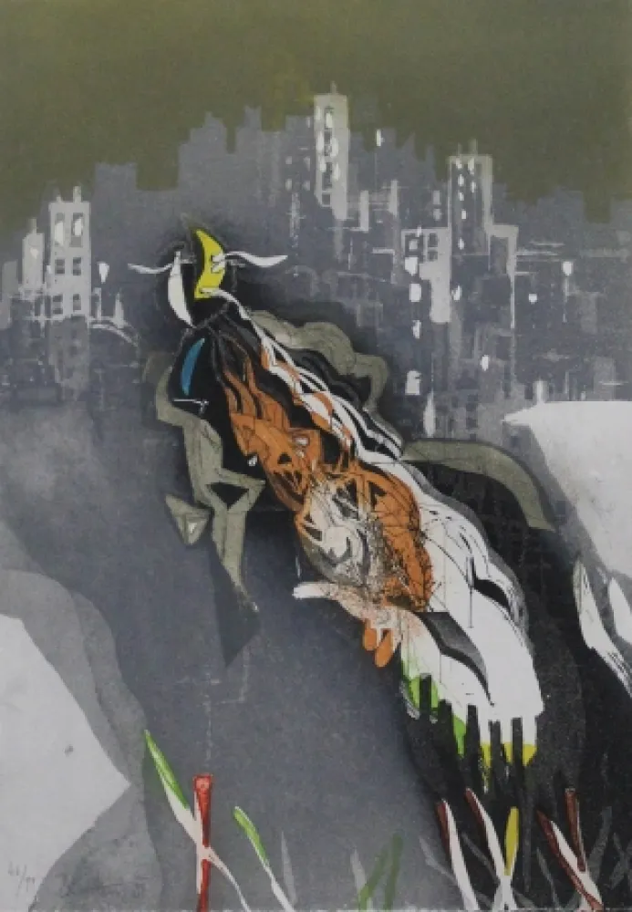 Ets En Aquatint Brandstätter - Stadt mit Mond