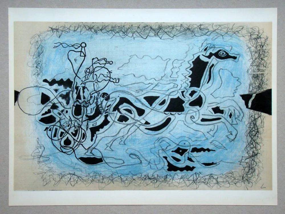 Lithografie Braque (After) - Char noir sur fond bleu