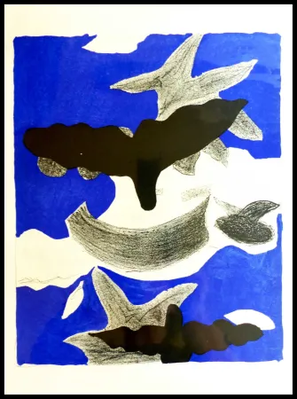 Lithografie Braque (After) - LES OISEAUX FOND BLEU