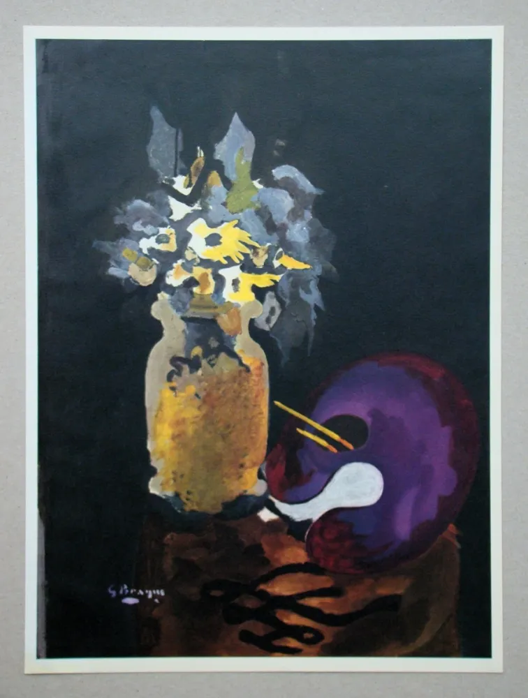 Lithografie Braque (After) - Vase de fleurs jaune et palette