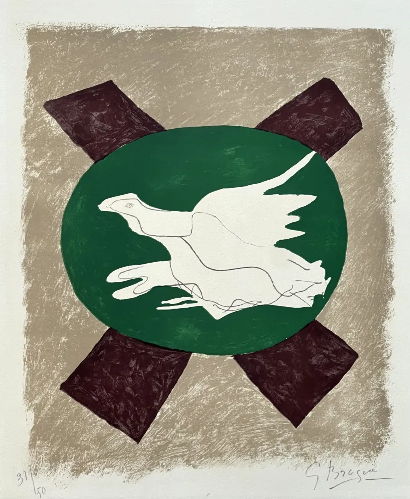 Lithografie Braque - Colombe sur fond vert 