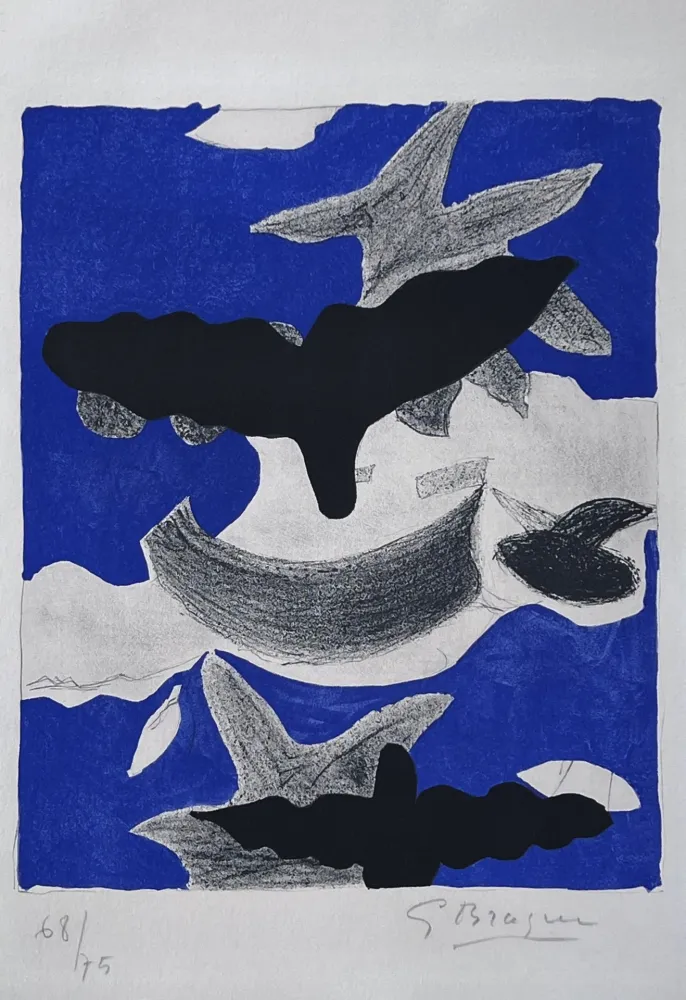 Lithografie Braque - Deux oiseaux avec nuages 