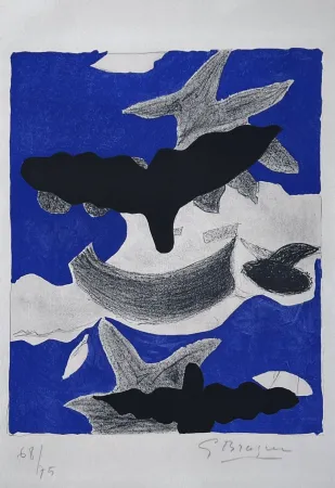 Lithografie Braque - Deux oiseaux avec nuages 
