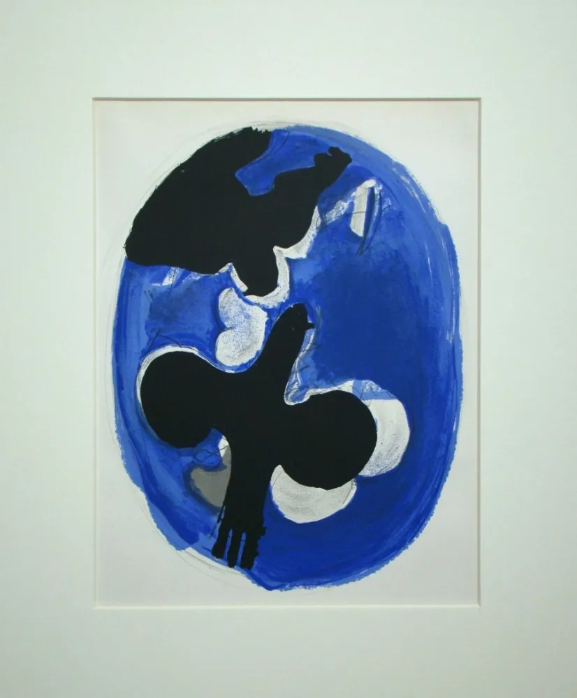 Lithografie Braque - Deux oiseaux sur fond bleu