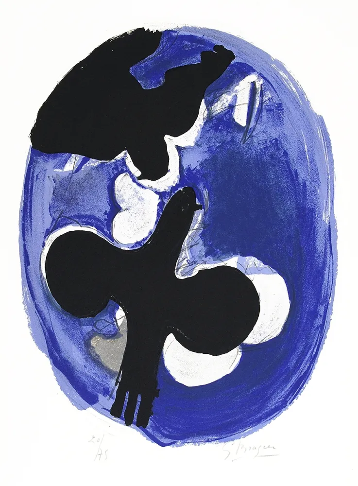 Lithografie Braque - Deux oiseaux sur fond bleu (Two birds on a blue background)