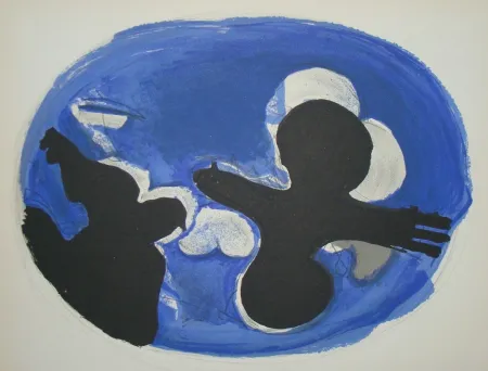 Lithografie Braque - Deux Oiseaux Sur Fond Bleue