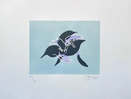 Lithografie Braque - L'essor I (Le cygne sur fond bleu-vert) 