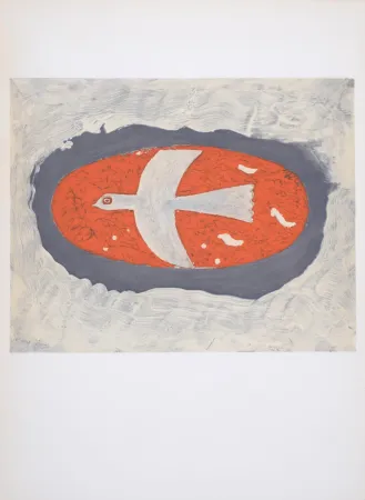 Lithografie Braque - Oiseau blanc sur fond rouge, 1967