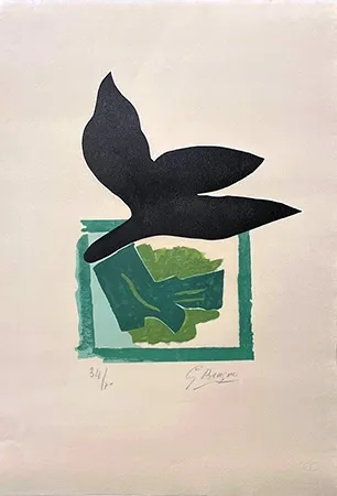 Houtsnede Braque - Oiseau noir sur fond vert