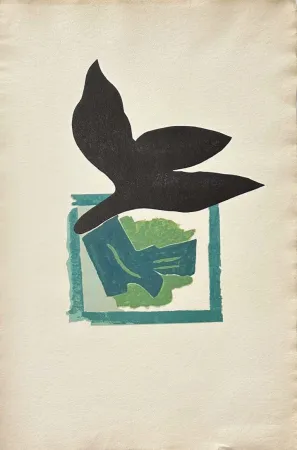 Houtsnede Braque - Oiseau noir sur fond vert