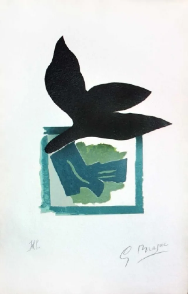 Houtsnede Braque - Oiseau noir sur fond vert