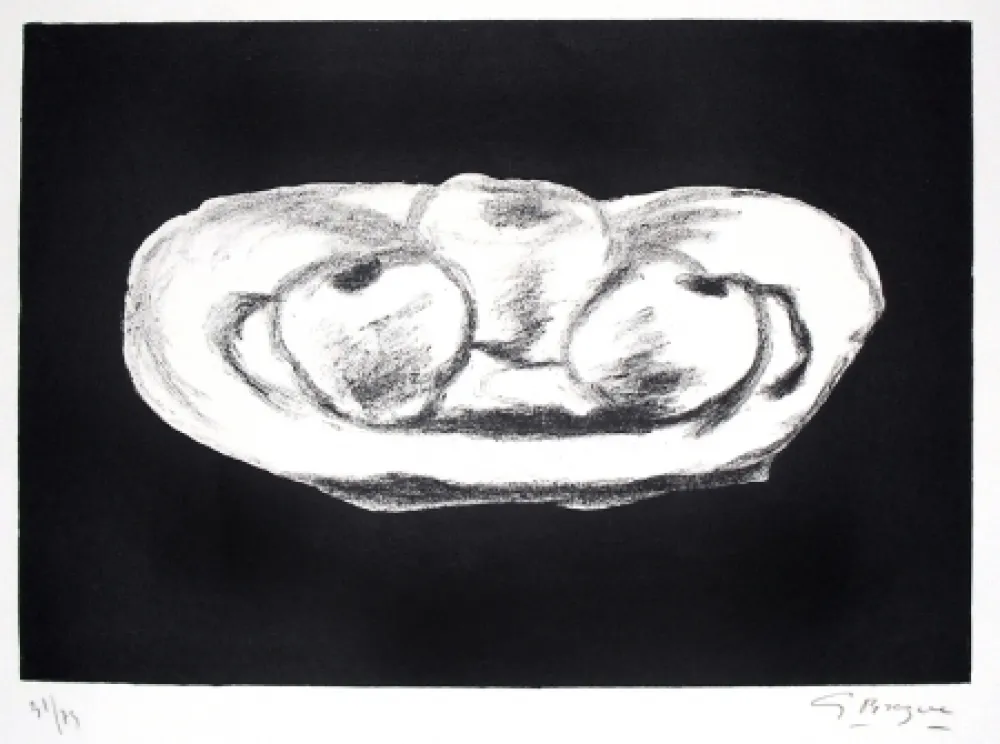Lithografie Braque - Pommes sur fond noir