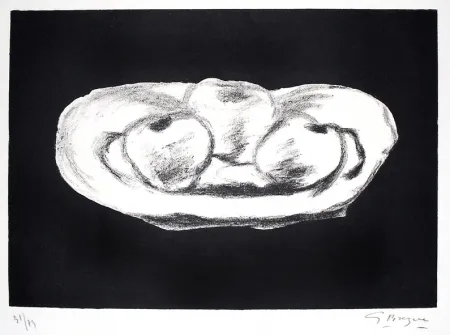 Lithografie Braque - Pommes sur fond noir