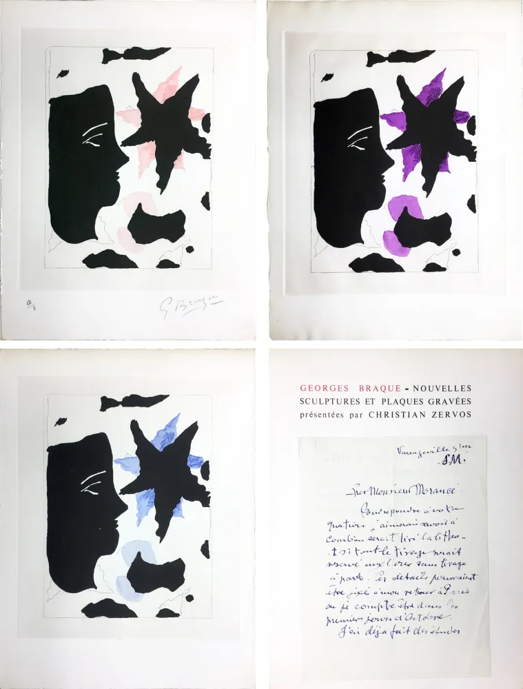 Geïllustreerd Boek Braque - Zervos : BRAQUE. Nouvelles sculptures et plaques gravées. L'exemplaire de l'éditeur avec 3 GRAVURES (1960).