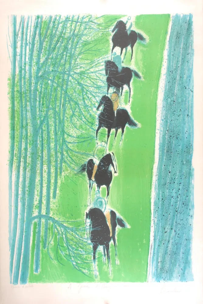 Lithografie Brasilier - Cavalcade au Bord du Cher - Cavalcade on the side of the Cher