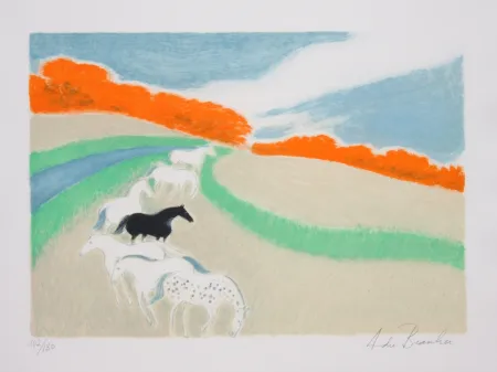 Lithografie Brasilier - Chevaux Dans Le Pre