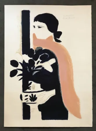 Lithografie Brasilier - Femme au châle rose et aux tulipes 