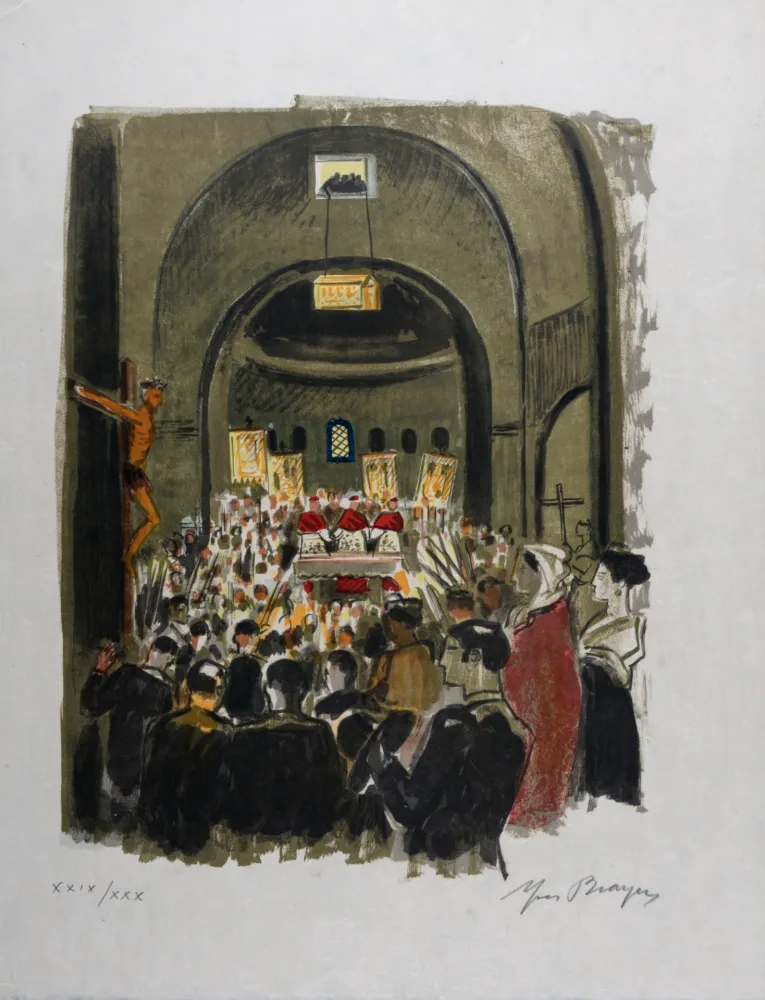 Lithografie Brayer - Cérémonie de la descente des châsses aux Saintes-Maries de la Mer (#1) - Hand-signed