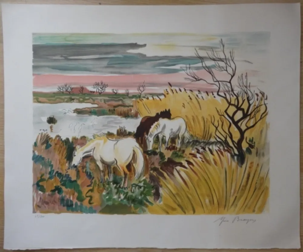 Lithografie Brayer - Chevaux en Camargue