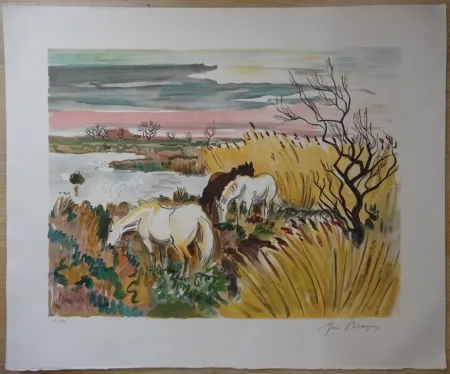 Lithografie Brayer - Chevaux en Camargue