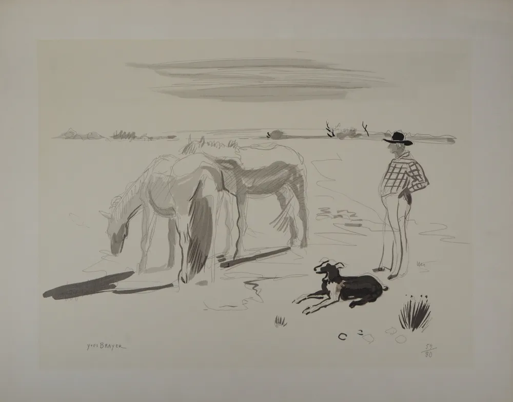 Lithografie Brayer - Chevaux et gardien en Camargue
