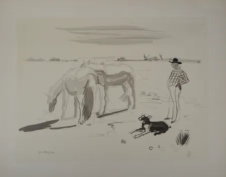Lithografie Brayer - Chevaux et gardien en Camargue
