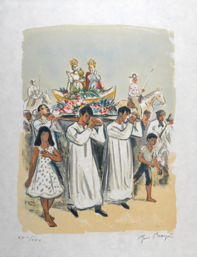 Lithografie Brayer - La procession religieuse (#4) - Hand-signed