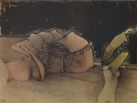 Lithografie Bruni - Zurigo. (Sich Entkleidende vor Sofa)
