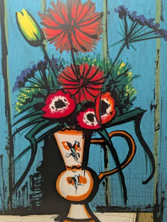Lithografie Buffet - Bouquet au fond bleu 