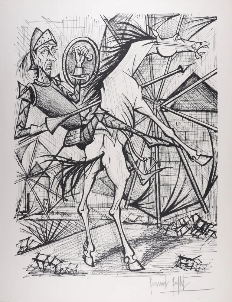 Lithografie Buffet - Don Quichotte et le Moulin à vent, 1989 - Hand-signed