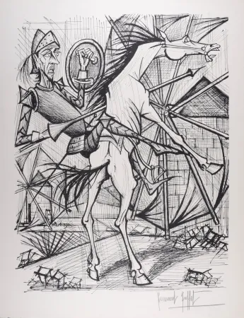 Lithografie Buffet - Don Quichotte et le Moulin à vent, 1989 - Hand-signed