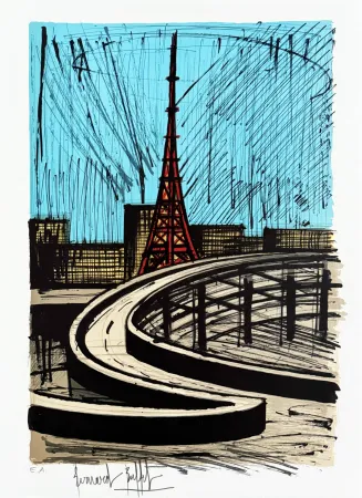 Lithografie Buffet - La tour Eiffel et l'autoroute, Tokyo