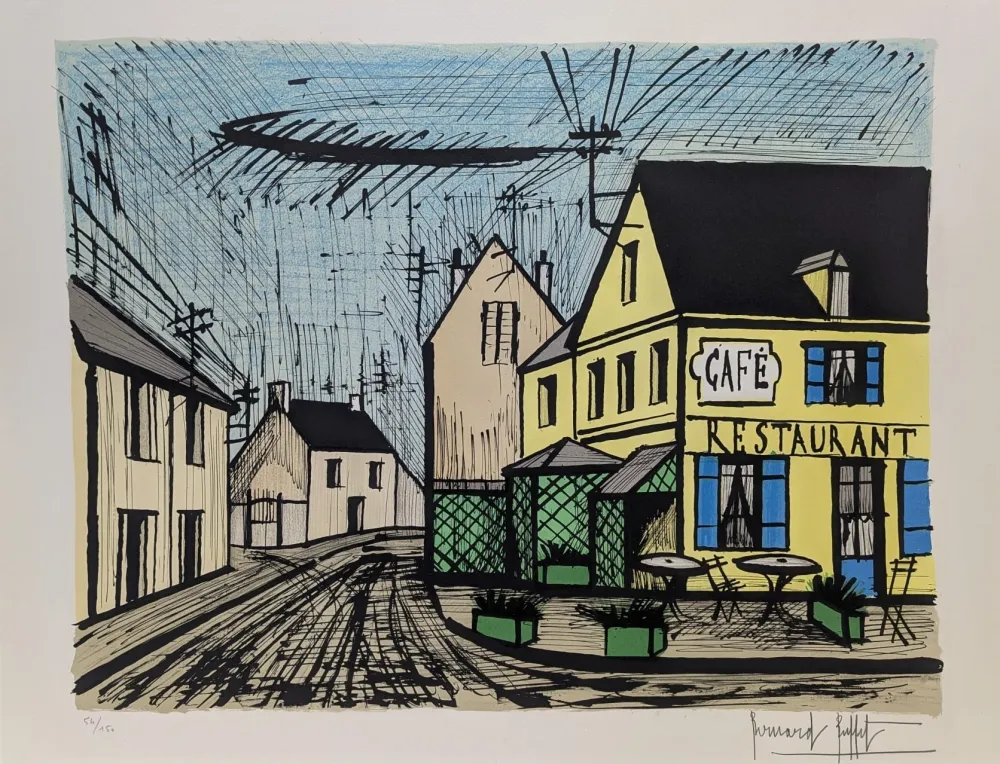 Lithografie Buffet - Mareuil, le café jaune et bleu 