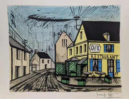 Lithografie Buffet - Mareuil, le café jaune et bleu 