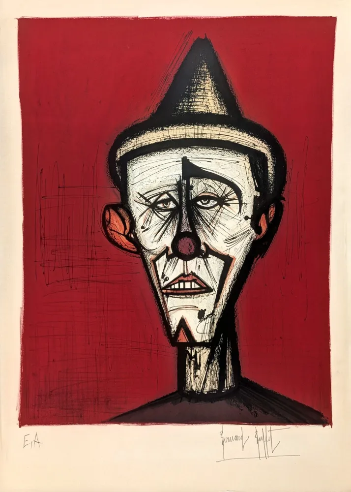 Lithografie Buffet - Mon Cirque, le clown au fond rouge 