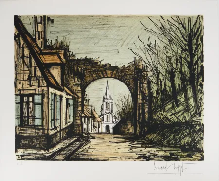 Lithografie Buffet - Montfort-l'Amaury : vue sur l'Eglise